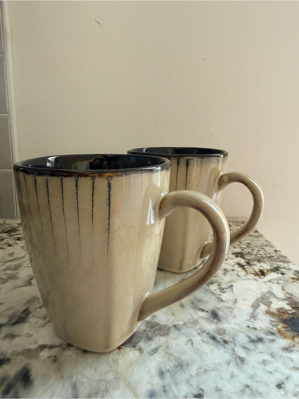 Threshold Beige Ceramic Mugs with Dark Blue Rim - Set of 2